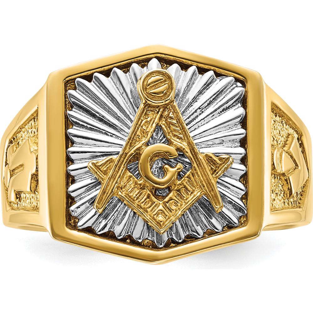 10K Two-Tone Men's Polished and Textured Sun Ray Lodge Master Masonic Ring - 15.7mm Band Width by IBGoodman