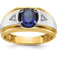 10K Two-Tone Men's Polished Satin and Grooved Lab Created Sapphire and A Quality Diamond Ring - 1.0 Carats Total Sapphire Weight, 0.03 Carats Total Diamond Weight by IBGoodman