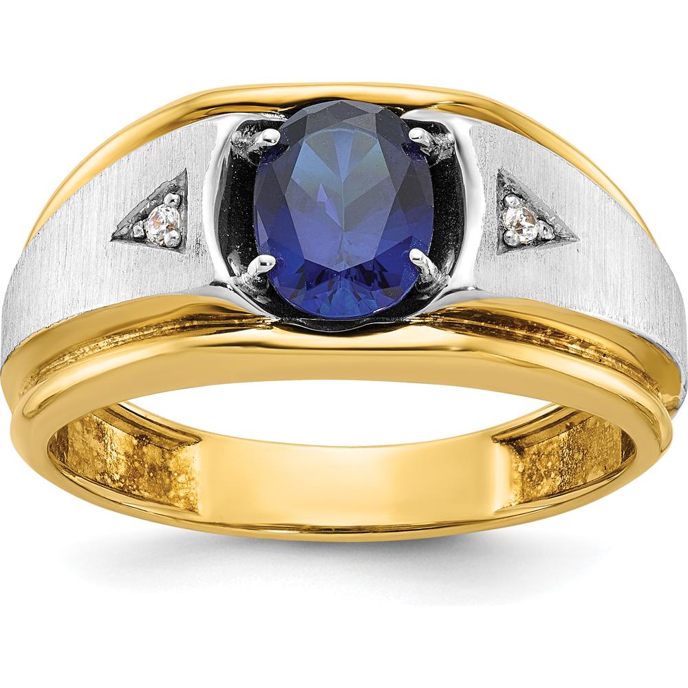10K Two-Tone Men's Polished Satin and Grooved Lab Created Sapphire and A Quality Diamond Ring - 1.0 Carats Total Sapphire Weight, 0.03 Carats Total Diamond Weight by IBGoodman