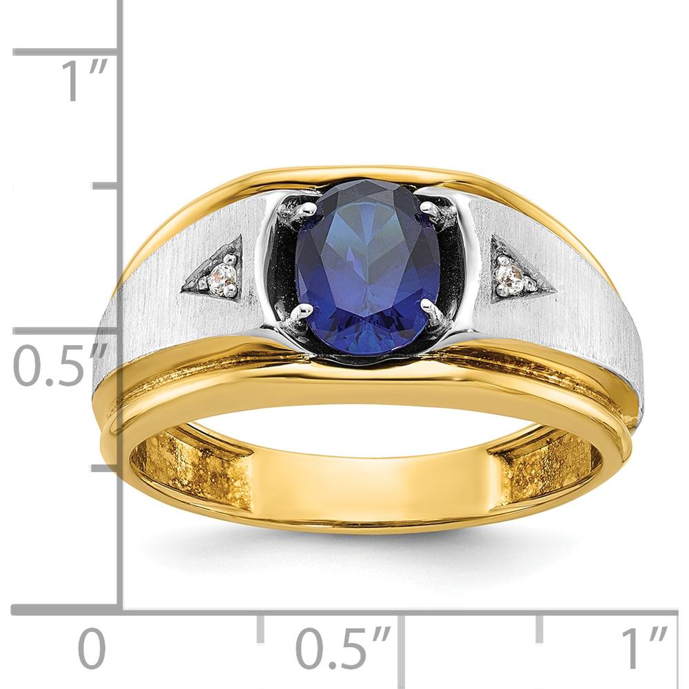 10K Two-Tone Men's Polished Satin and Grooved Lab Created Sapphire and A Quality Diamond Ring - 1.0 Carats Total Sapphire Weight, 0.03 Carats Total Diamond Weight by IBGoodman