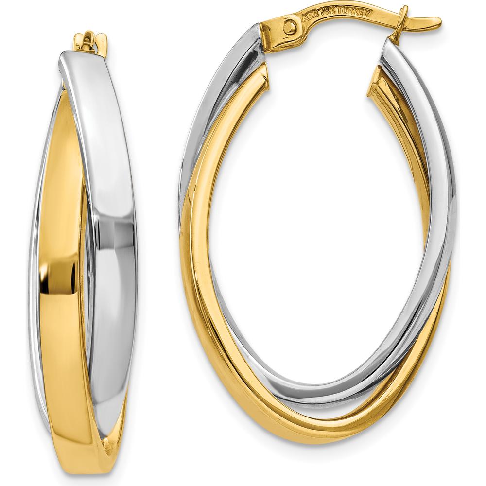 10K Two-Tone Oval Hoop Earrings with Polished Finish - 30.07mm Length