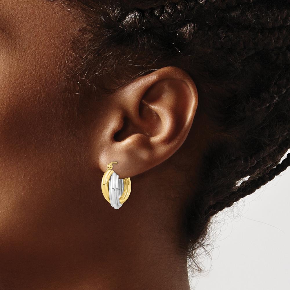 10K Two-Tone Polished Double Hoop Earrings with Twisted Texture