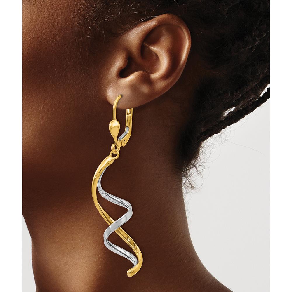 10K Two-Tone Spiral Leverback Drop Earrings - Elegant Gold Design