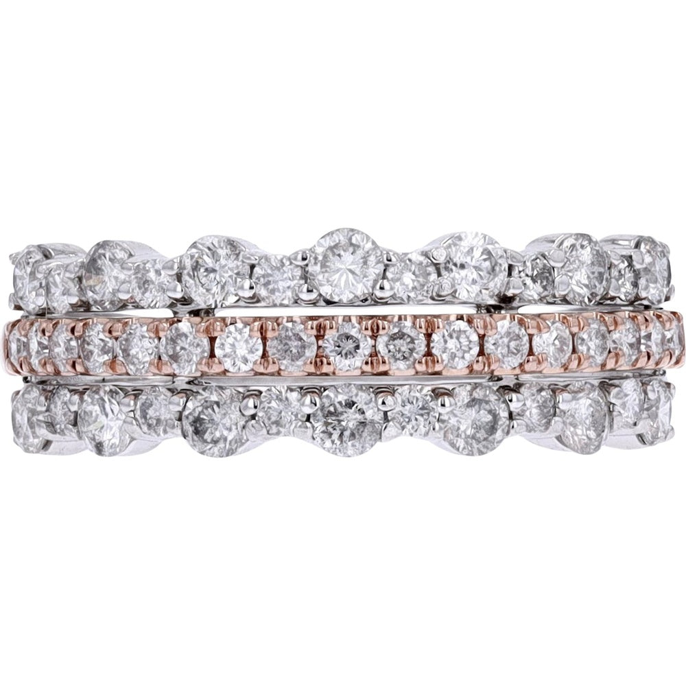 10K Two-Tone White and Rose Gold Three-Row Diamond Band with Round Brilliant Cut Stones - 1.00 Carat Total Diamond Weight