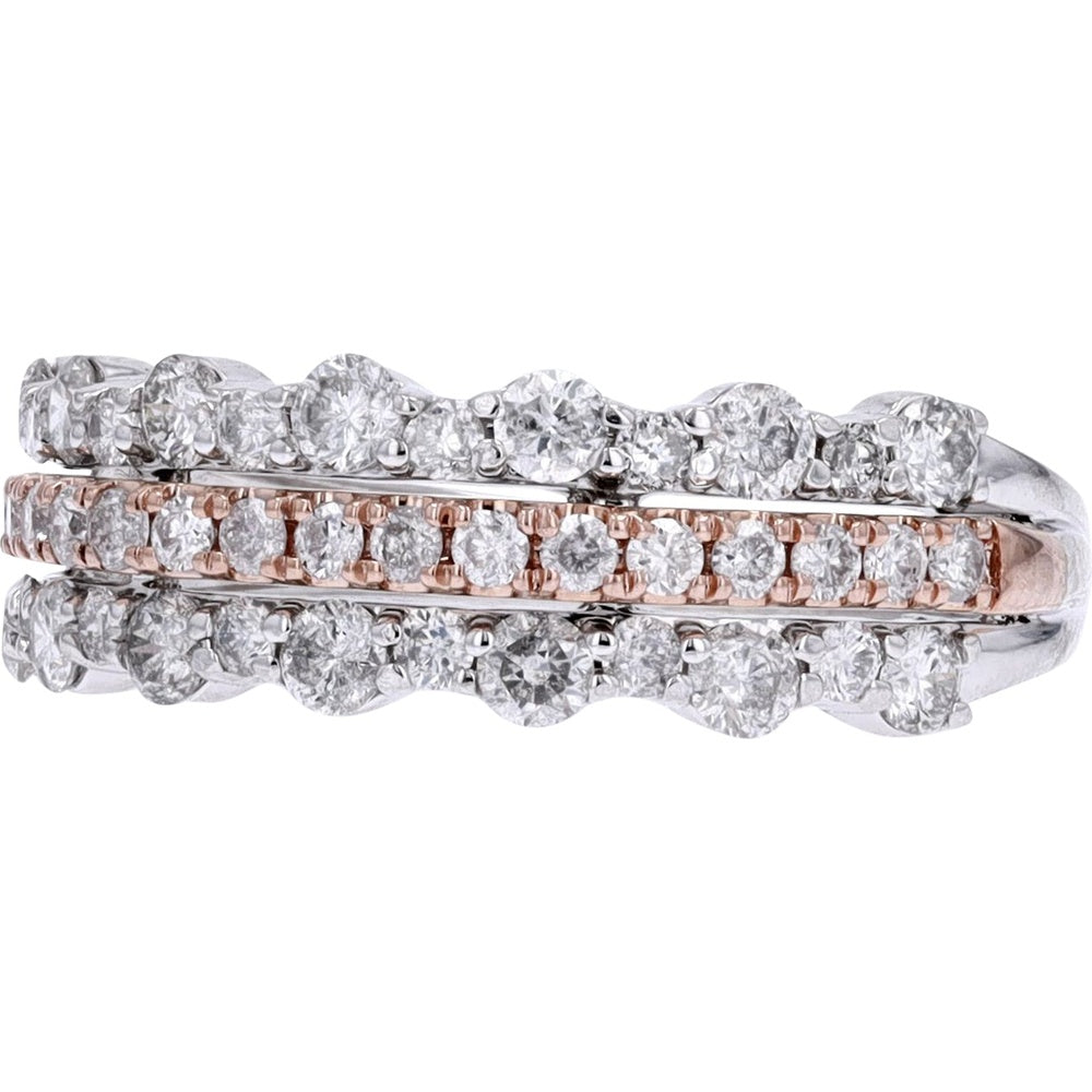 10K Two-Tone White and Rose Gold Three-Row Diamond Band with Round Brilliant Cut Stones - 1.00 Carat Total Diamond Weight