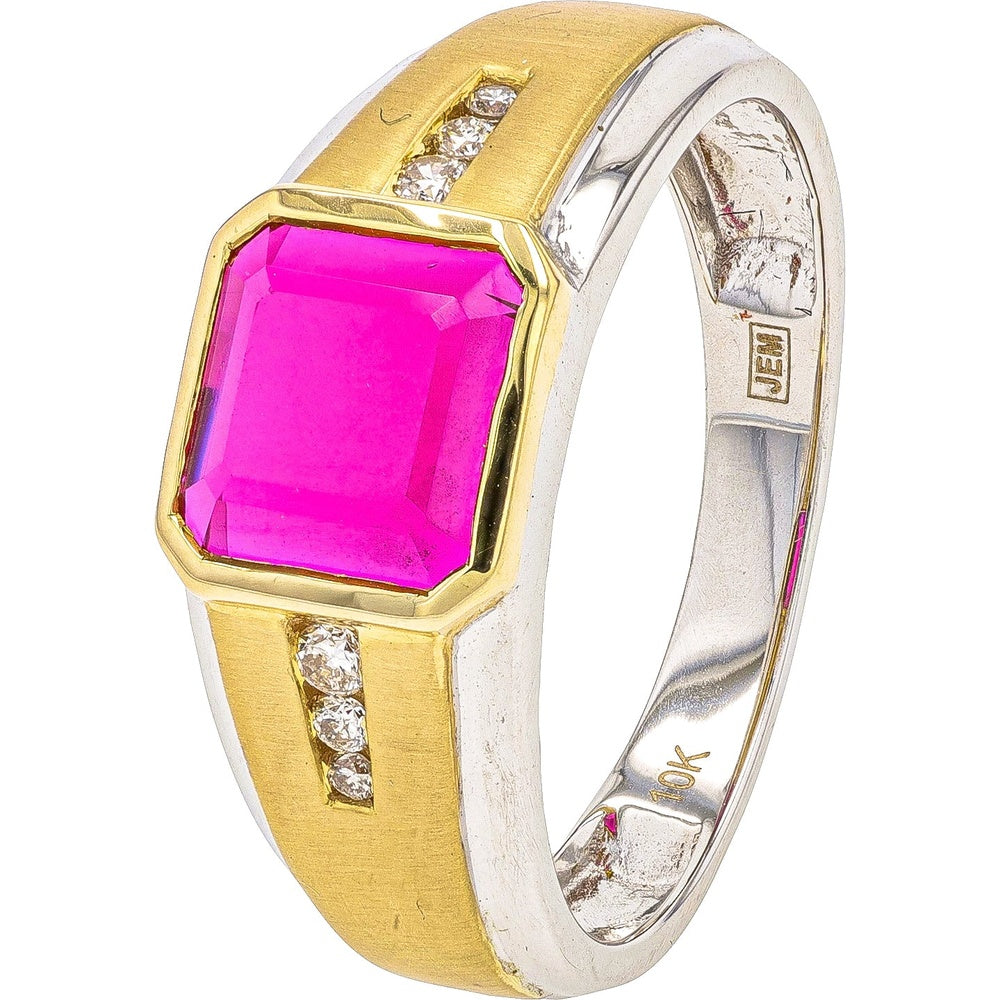 10K Two-Tone Yellow and White Gold Gents Ring with Step-Cut Created Ruby and Channel-Set Accent Diamonds - 0.10 Carat Total Diamond Weight