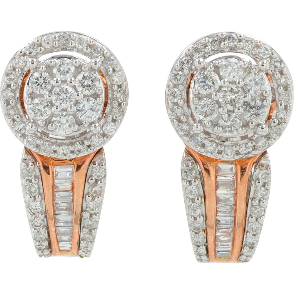 10K White & Rose Gold 1 Carat Diamond Halo Stud Earrings with Baguette Accents