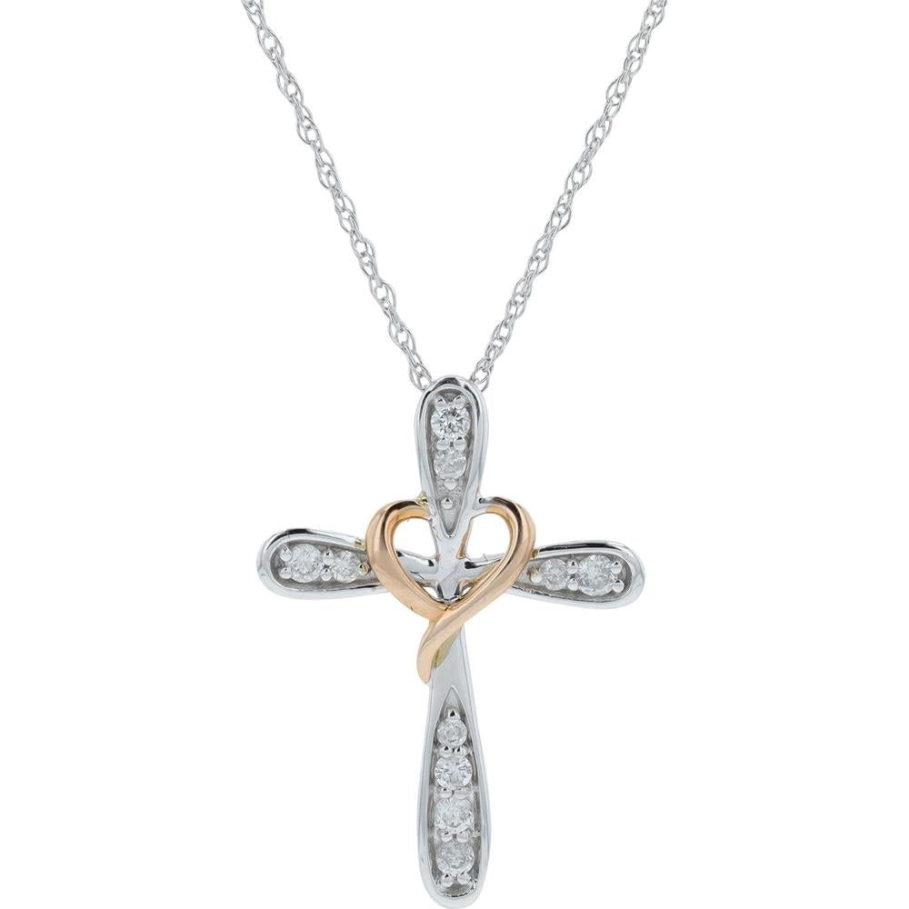10K White and Rose Gold Diamond Cross Pendant with Heart Accent - 0.10 Total Carat Weight