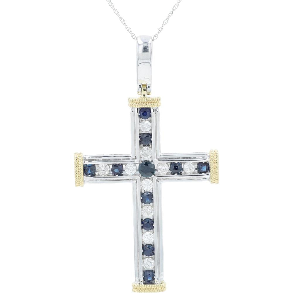 10K White and Yellow Gold Sapphire and Diamond Cross Pendant - 0.85 Carat Sapphire, 0.50 Carat Diamond Total Weight