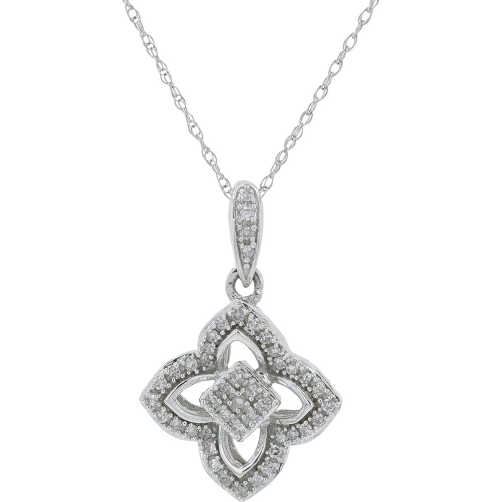 10K White Gold 0.25 Carat Diamond Pendant Necklace - Floral Motif Pavé Set