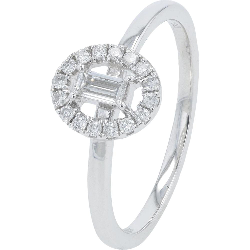 10K White Gold 0.25 Carat Total Weight Baguette and Halo Diamond Engagement Ring