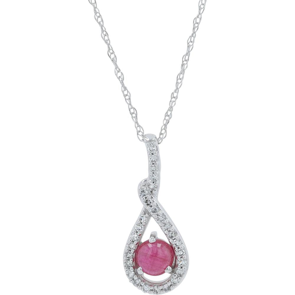 10K White Gold 0.42 Carat Cabochon Ruby Necklace with 0.09 Carat Diamond Halo Pendant