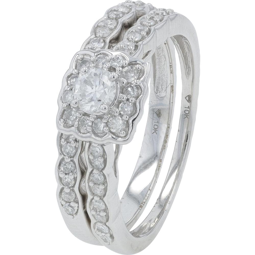 10K White Gold 0.50 Carat Diamond Bridal Ring Set with Halo and Prong - Set Diamonds - 0.50 Carat Total Diamond Weight