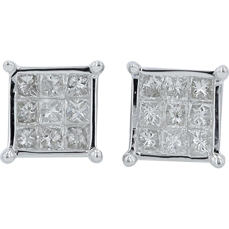 10K White Gold 0.50 Carat Total Diamond Square Cluster Stud Earrings