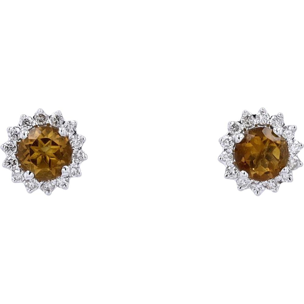 10K White Gold 0.50 Carats Citrine and 0.15 Carats Diamond Halo Stud Earrings