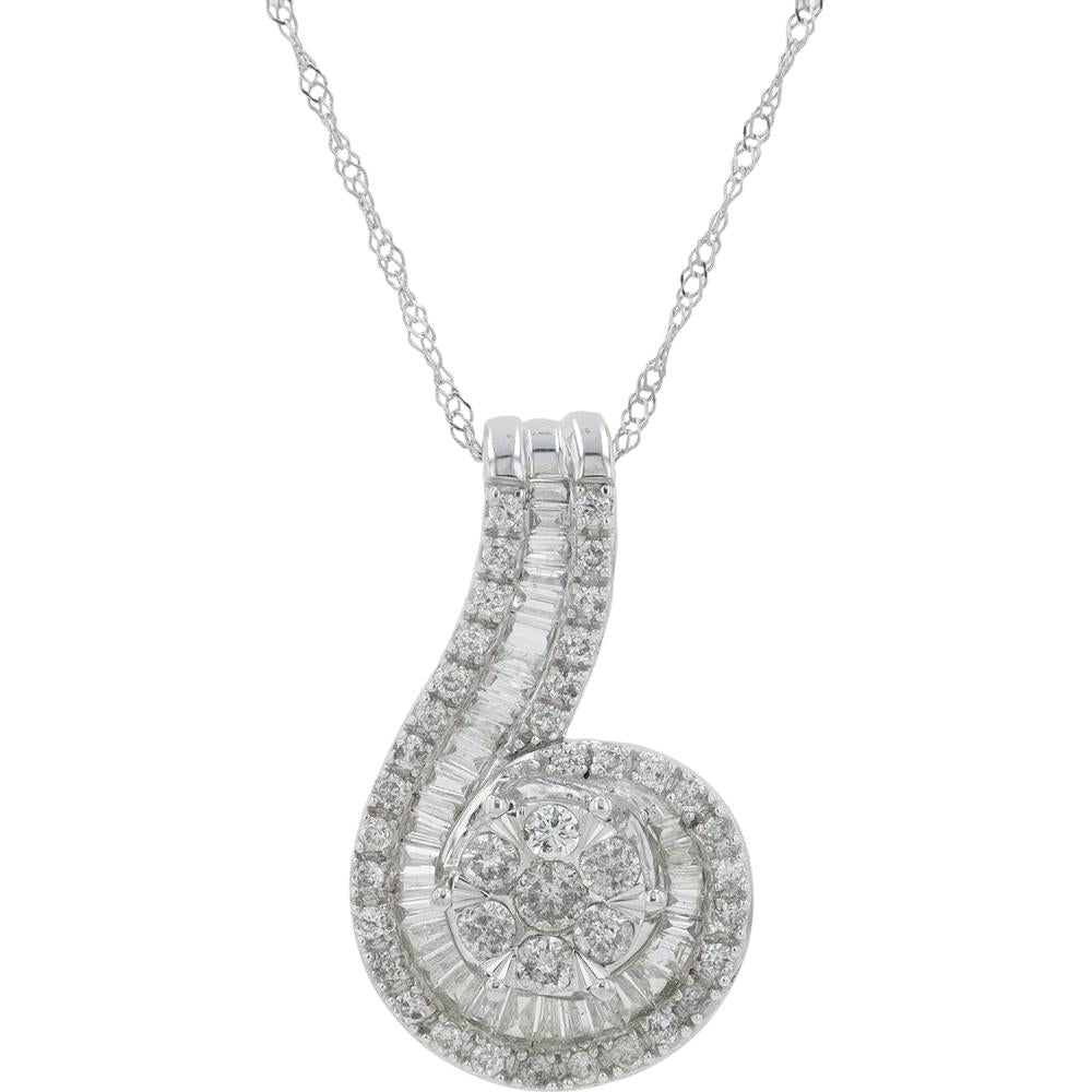 10K White Gold 0.75 Carat Total Weight Diamond Spiral Pendant Necklace - Prong and Baguette Set