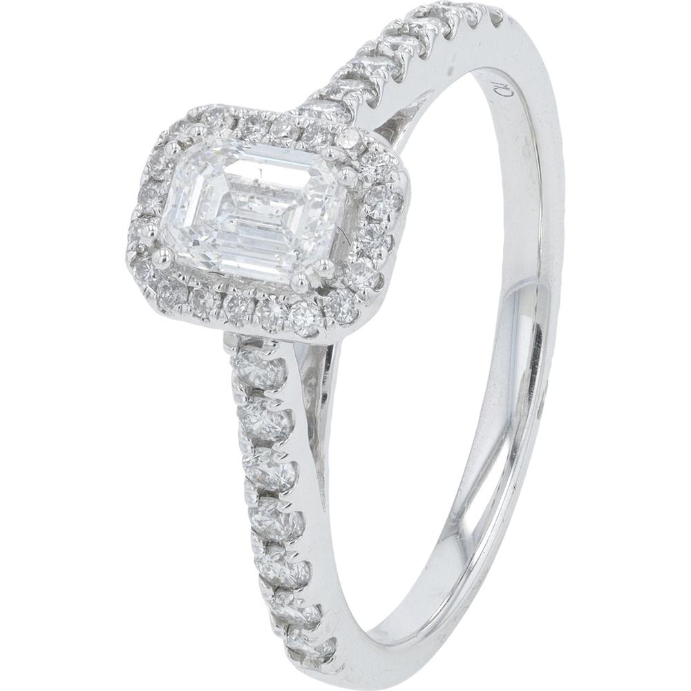 10K White Gold 0.88 Carat Total Weight Diamond Emerald Cut Engagement Ring with Halo Detail