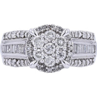 10K White Gold 1.00 Carat Total Diamond Cluster Ring with Halo and Baguette Accents