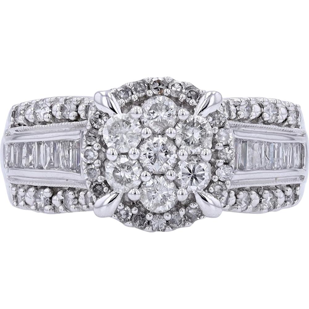10K White Gold 1.00 Carat Total Diamond Cluster Ring with Halo and Baguette Accents