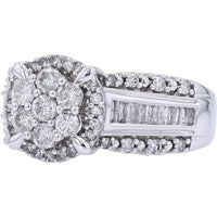 10K White Gold 1.00 Carat Total Diamond Cluster Ring with Halo and Baguette Accents