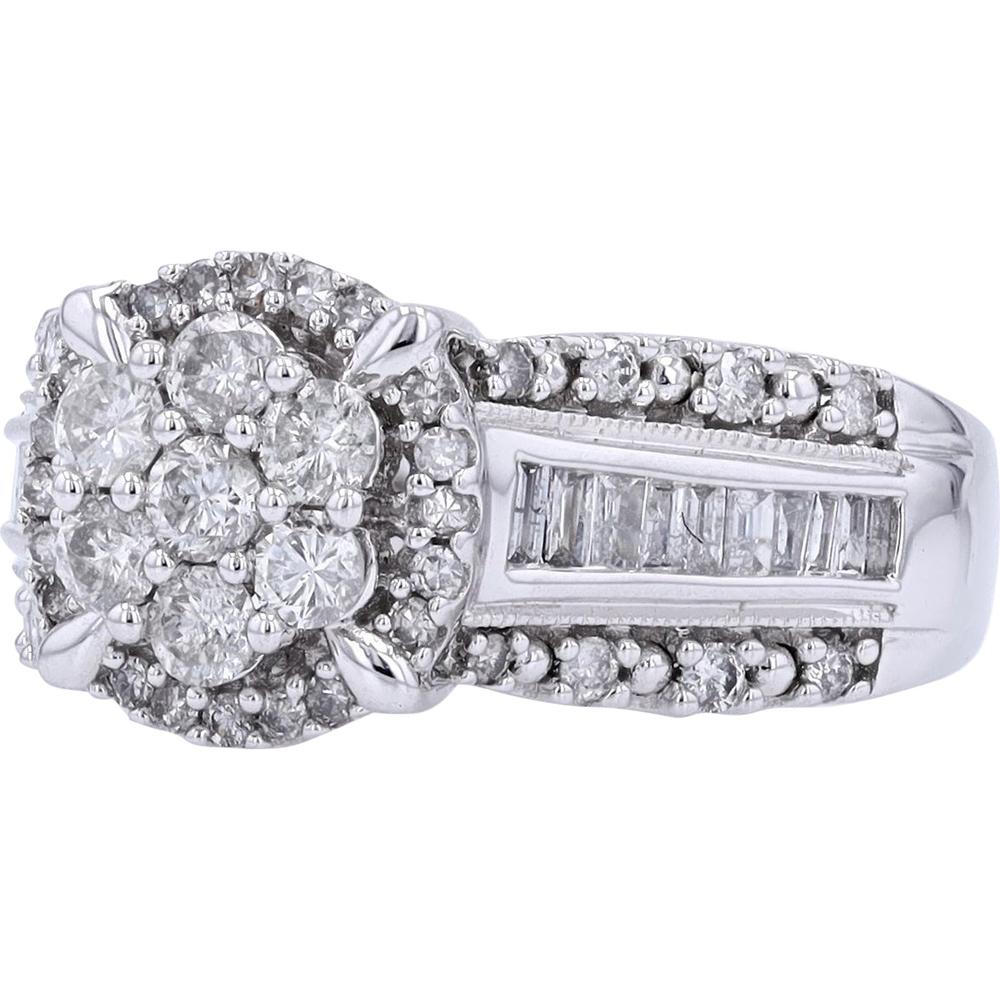 10K White Gold 1.00 Carat Total Diamond Cluster Ring with Halo and Baguette Accents