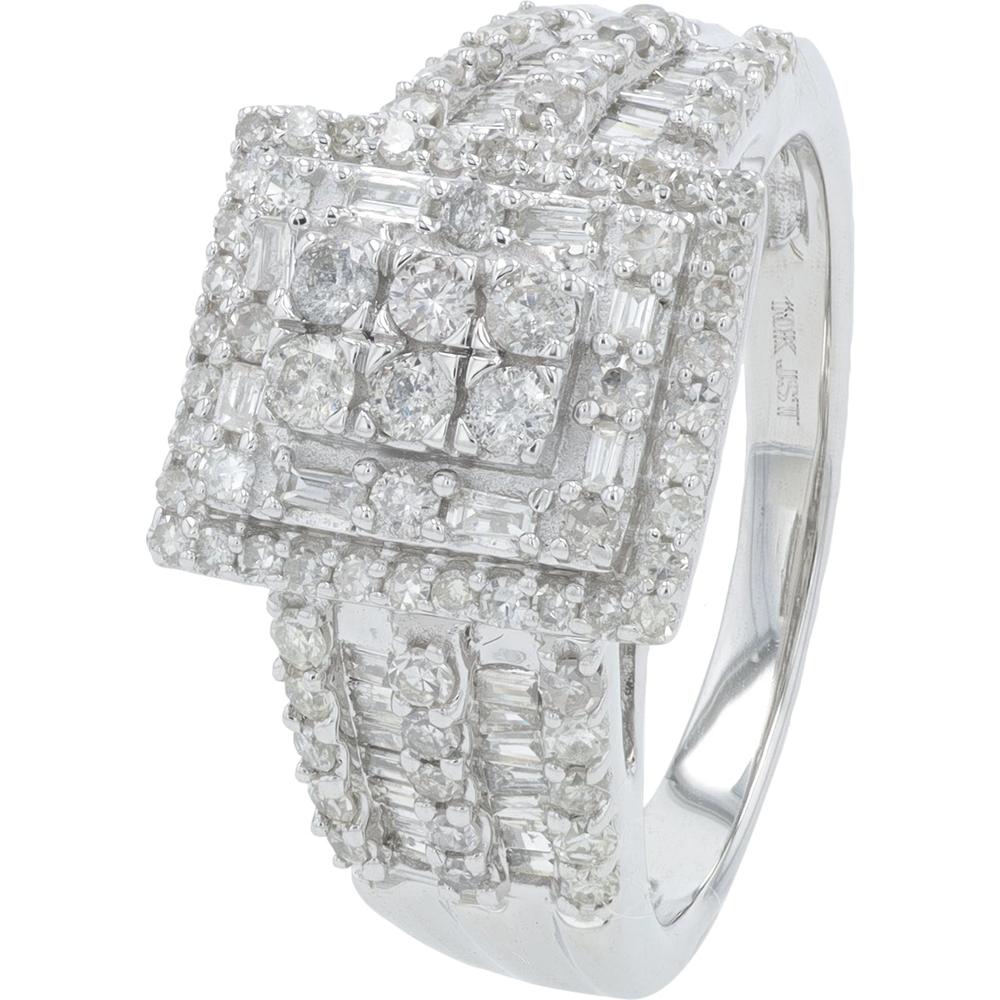 10K White Gold 1.00 Carat Total Weight Diamond Halo Ring with Baguette and Round Diamonds
