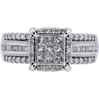 10K White Gold 1.05 Carat Diamond Halo Ring with Princess and Baguette Accents