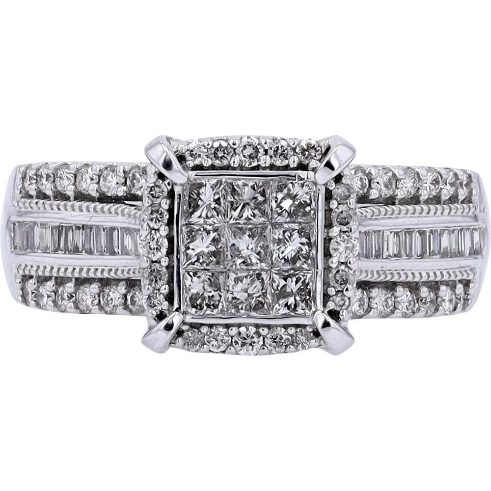 10K White Gold 1.05 Carat Diamond Halo Ring with Princess and Baguette Accents