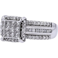 10K White Gold 1.05 Carat Diamond Halo Ring with Princess and Baguette Accents