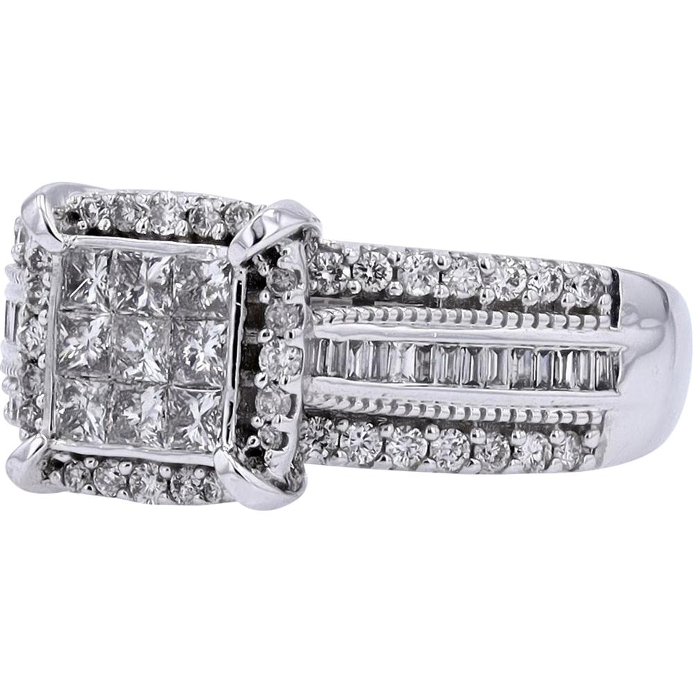 10K White Gold 1.05 Carat Diamond Halo Ring with Princess and Baguette Accents