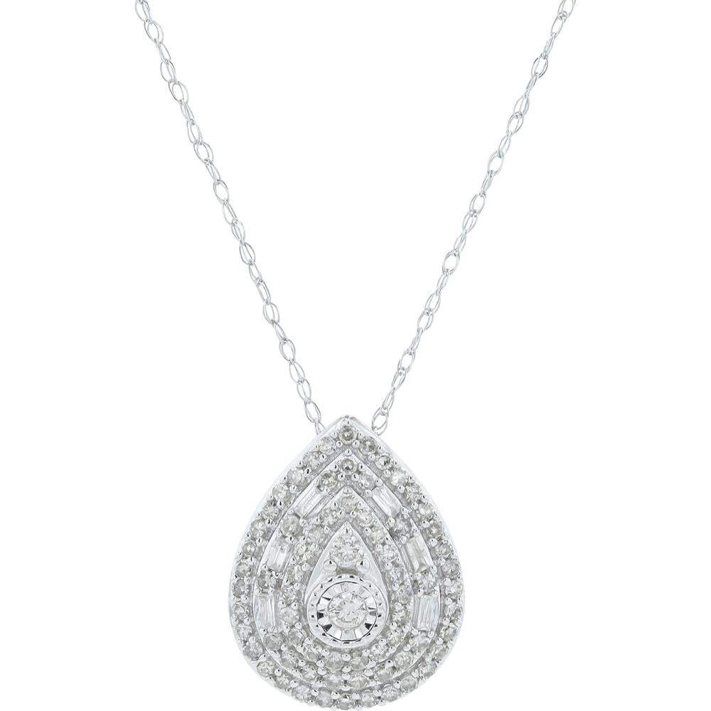 10K White Gold 1/2 Carat Diamond Pear - Shaped Drop Pendant - Layered Baguette and Round Diamonds