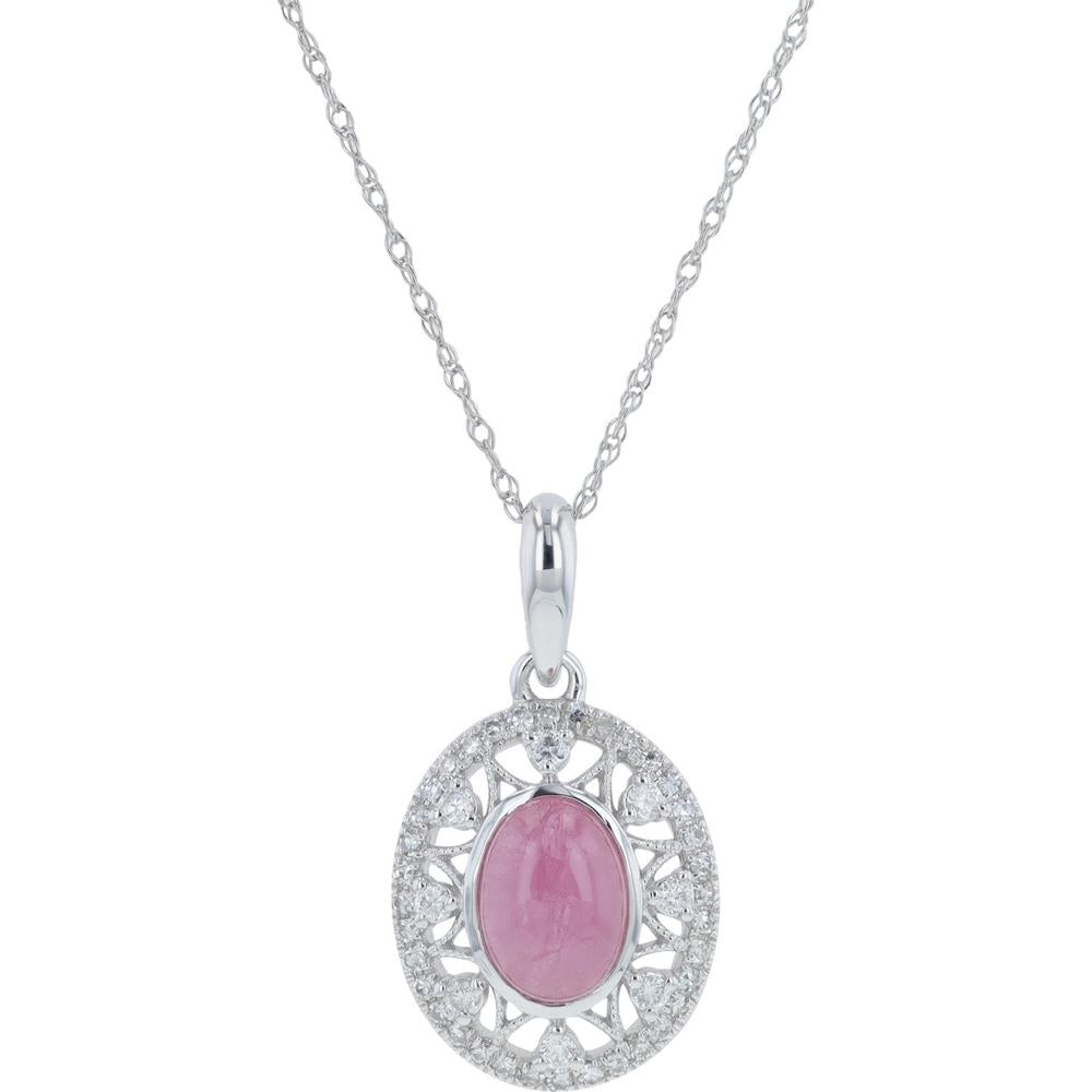 10K White Gold 1.22 Carats Cabochon Pink Sapphire Oval Pendant with Diamond Frame - 0.18 Carats Total Diamond Weight