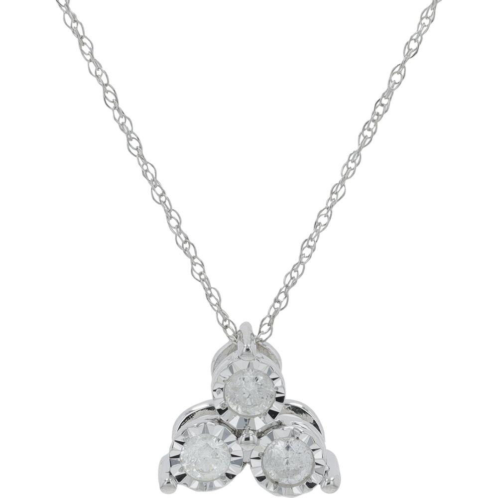 10K White Gold 1/4 Carat Diamond Three Stone Pendant Necklace - Bezel Set