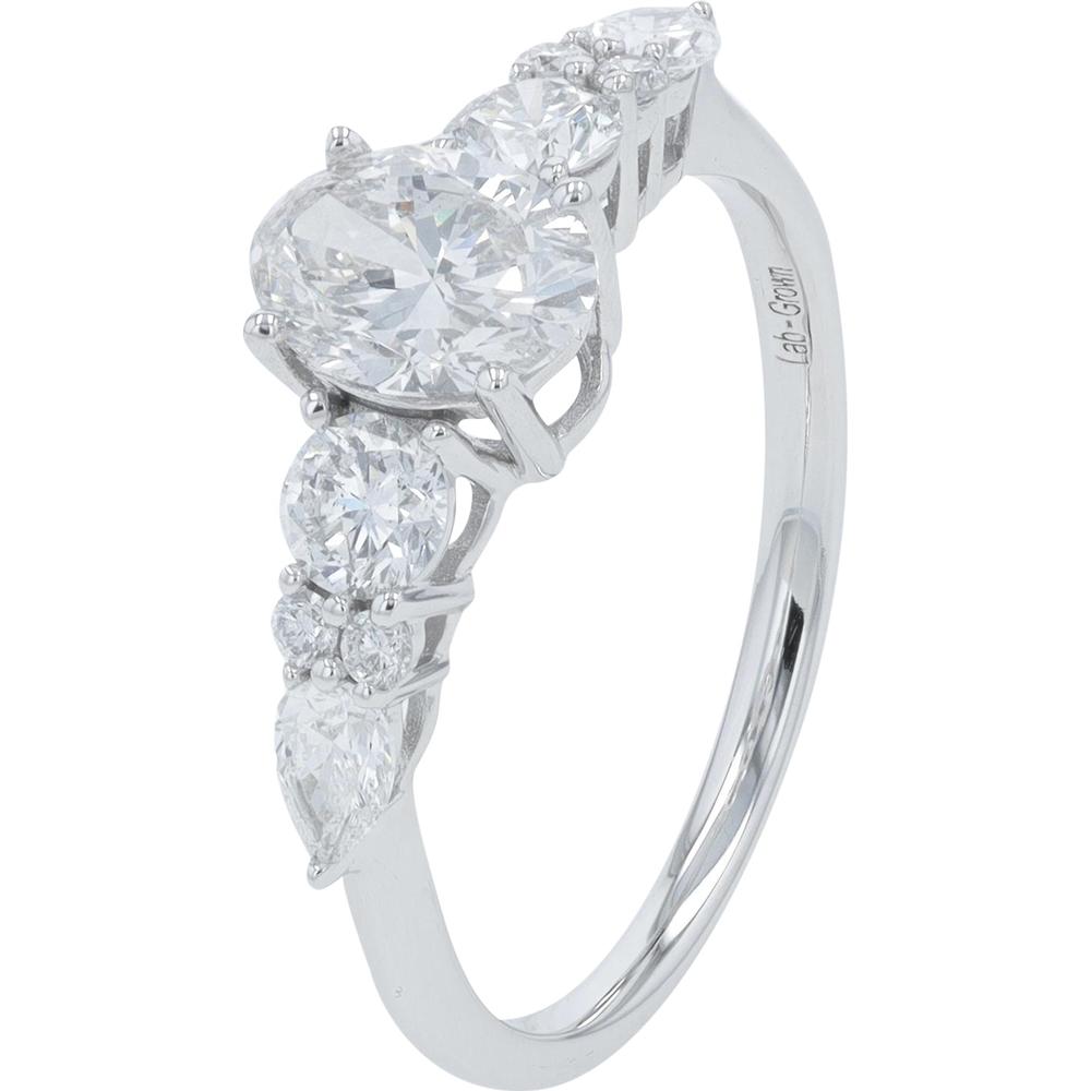 10K White Gold 1.50 Carat Lab Grown Diamond Engagement Ring with Round and Pear Accents
