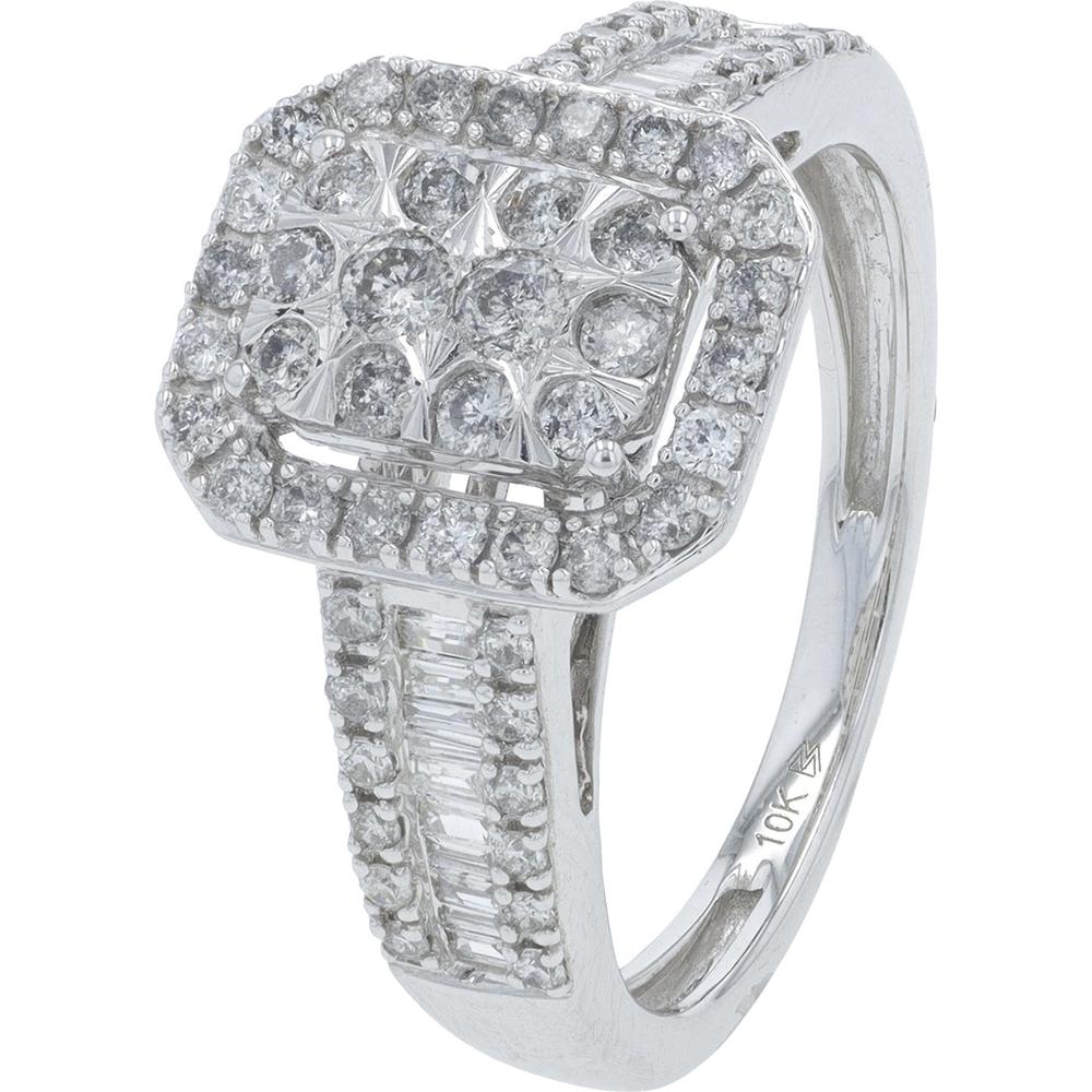 10K White Gold 1 Carat Diamond Bridal Ring with Halo and Baguette Accents - 1.00 Carat Total Diamond Weight