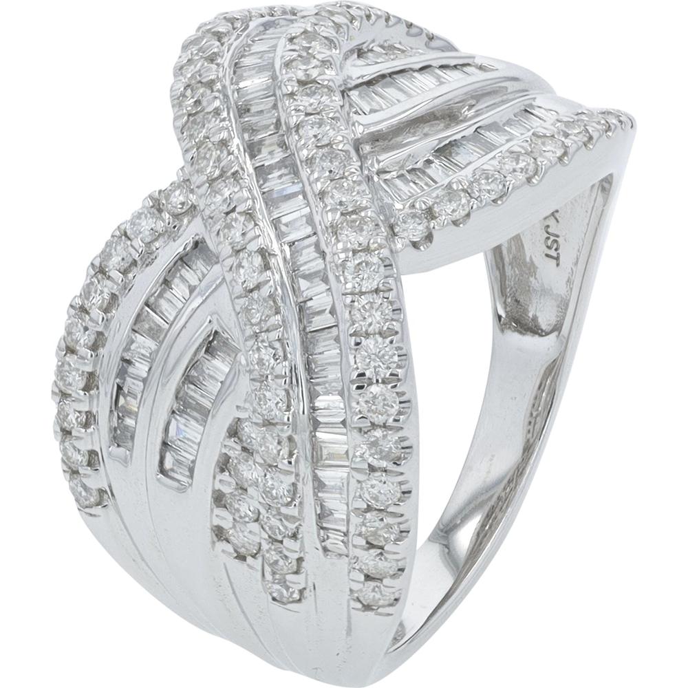 10K White Gold 1 Carat Total Weight Diamond Crossover Ring with Round and Baguette Diamonds