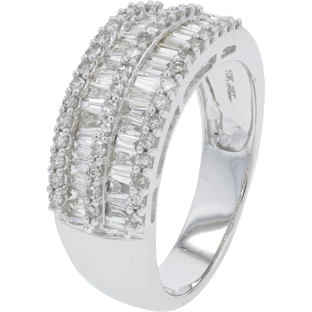 10K White Gold 1 Carat Total Weight Diamond Ring with Baguette and Round Diamonds