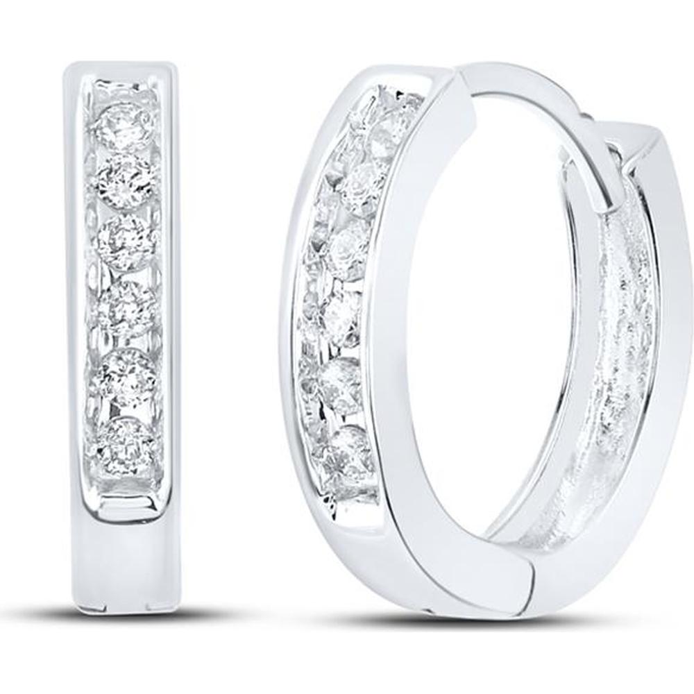 10K White Gold 12.6mm Huggie Hoop Earrings with Channel-Set Round Diamonds - 0.12 Carat Total Diamond Weight