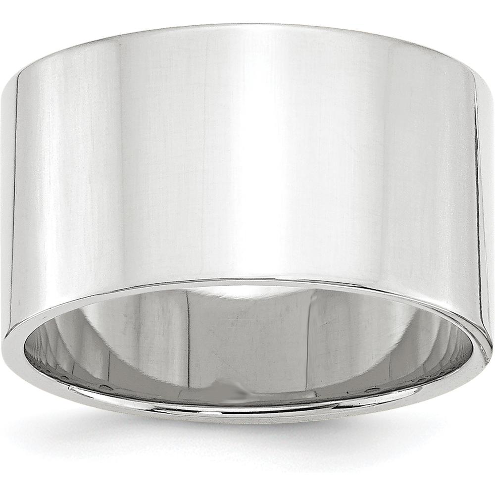 10K White Gold 12mm Lightweight Flat Wedding Band - Polished Rhodium-Plated Design, Size 5.5
