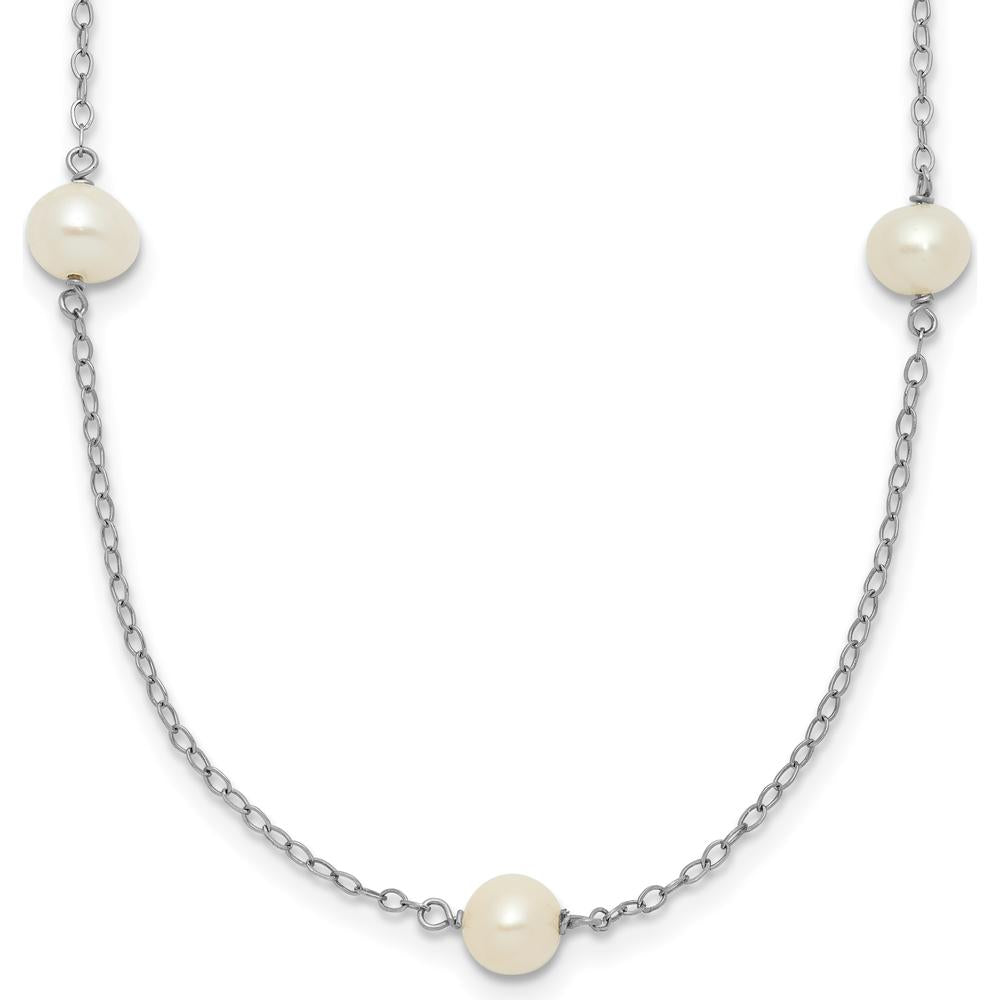 10K White Gold 18" Station Necklace with 7 Round Freshwater Cultured Pearls - 5-6mm Each