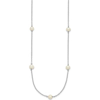 10K White Gold 18" Station Necklace with 7 Round Freshwater Cultured Pearls - 5-6mm Each