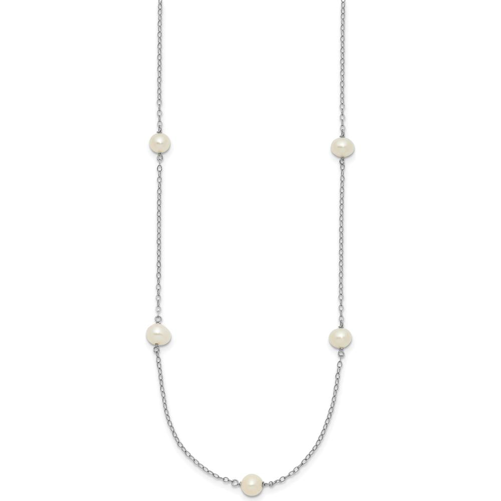 10K White Gold 18" Station Necklace with 7 Round Freshwater Cultured Pearls - 5-6mm Each