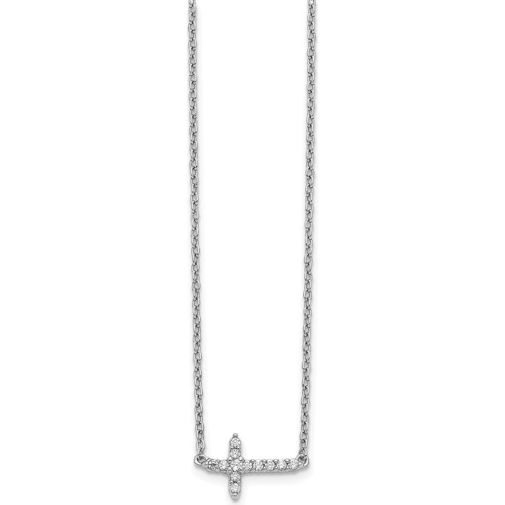 10K White Gold 18in Sideways Cross Pendant Necklace with Diamonds by Oro Pregiato