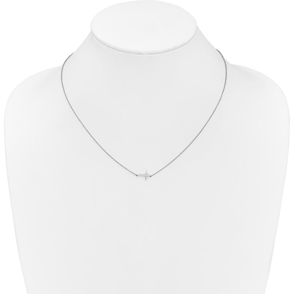 10K White Gold 18in Sideways Cross Pendant Necklace with Diamonds by Oro Pregiato