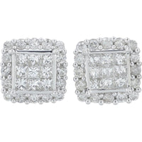 10K White Gold 2.00 Carat Total Diamond Cluster Stud Earrings with Beaded Halo