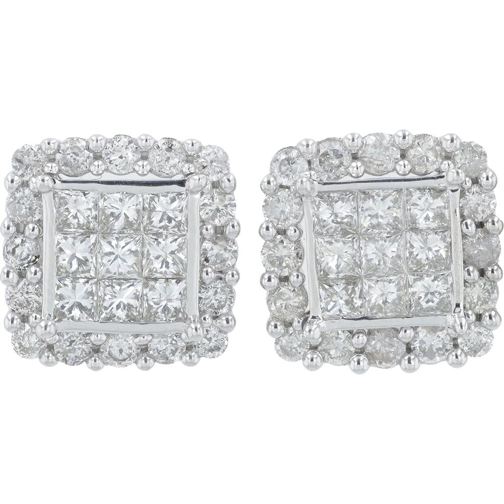 10K White Gold 2.00 Carat Total Diamond Cluster Stud Earrings with Beaded Halo