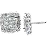 10K White Gold 2.00 Carat Total Diamond Cluster Stud Earrings with Beaded Halo