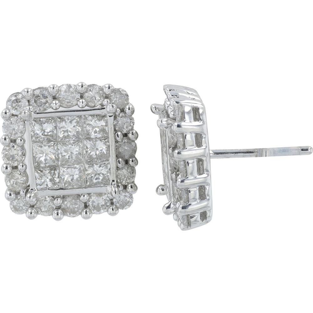10K White Gold 2.00 Carat Total Diamond Cluster Stud Earrings with Beaded Halo