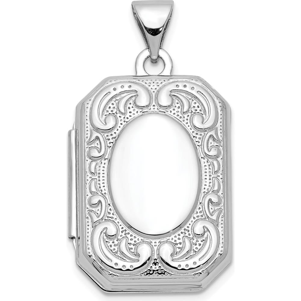 10K White Gold 20mm Book Scroll Border Locket - Polished Finish with Space for Photos