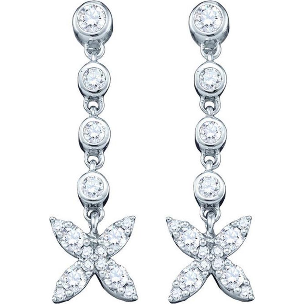 10K White Gold 27mm Diamond Flower Cluster Drop Earrings - 0.75 Carat Total Diamond Weight